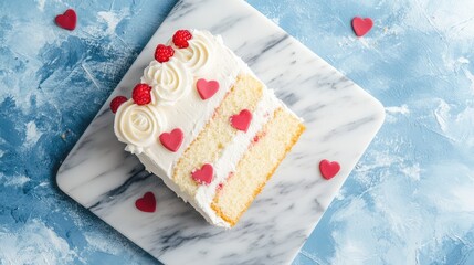 Aufkleber - Decorative heart-themed cake slice with raspberries on marble surface with blue background Copy Space