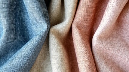 Aufkleber - Textured fabric swatches in soft colors blue beige and peach with natural light and shadows showing fabric drape Copy Space