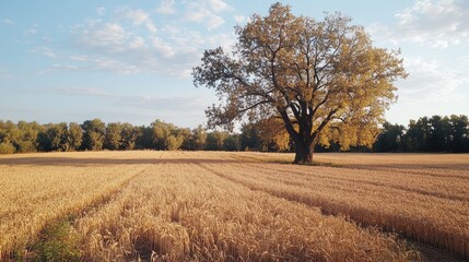Poster - Autumn landscape with a solitary tree in a golden wheat field under a blue sky with clouds Copy Space