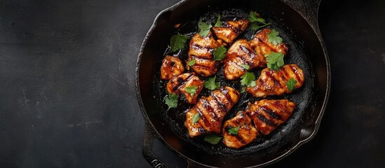 Aufkleber - Grilled chicken breast fillets in a cast iron skillet garnished with fresh herbs on a dark surface with Copy Space