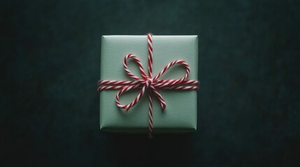 Poster - Gift box wrapped in light green paper with red and white striped ribbon on dark background with Copy Space