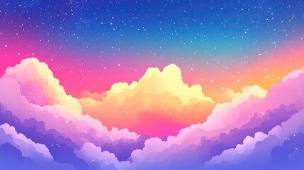 Aufkleber - Colorful gradient sky with fluffy clouds and starry background, ideal for digital art or vibrant design projects, Copy Space available