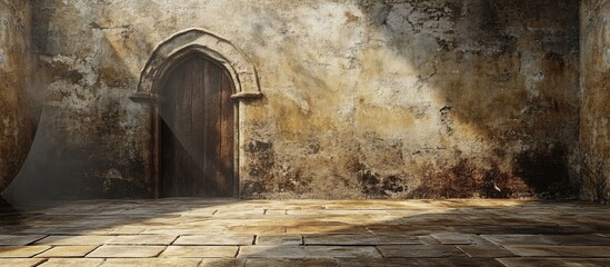 Leinwandbilder - Old stone wall interior with wooden door and textured floor providing ample copy space for text placement.
