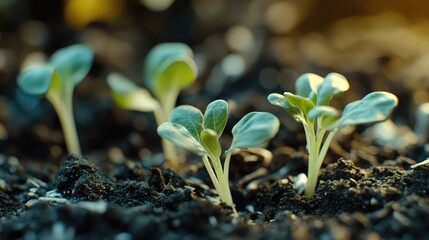 Aufkleber - New plant seedlings emerging from dark soil with soft sunlight background and visible copy space.