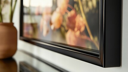 Fototapete - Framed art piece on a wall with blurred background and vase with flowers Copy Space