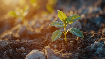 Aufkleber - New image title: Close-up of young green plant sprouting from dark soil with sunlight backdrop and Copy Space for text