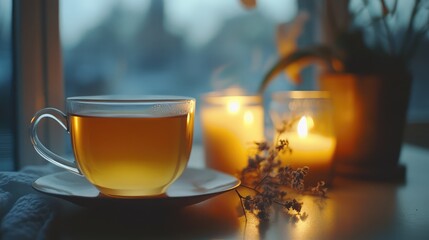 Aufkleber - Cup of tea on saucer with candles and flowers in soft focus background Copy Space