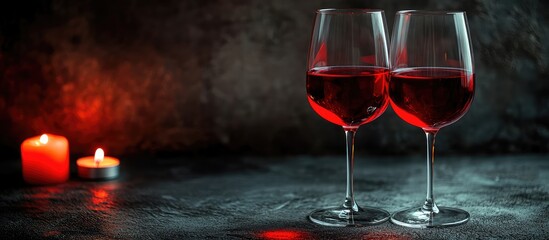 Poster - Red wine glasses with candlelight in a dim setting showcasing reflections and shadows Copy Space