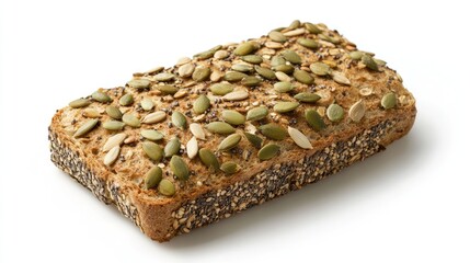 Poster - Whole grain bread loaf topped with pumpkin and sunflower seeds isolated on white background with copy space.