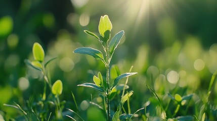 Aufkleber - Close-up of young green plant in sunlight with blurred green background and copy space for text