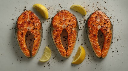 Poster - Fresh salmon steaks with lemon slices and black pepper on a light background with Copy Space