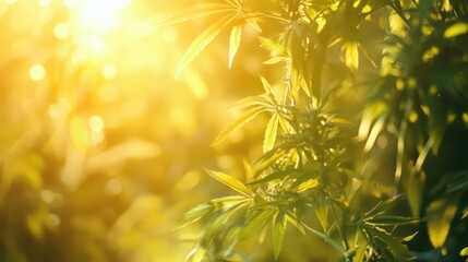 Poster - Sunlight filtering through vivid green cannabis leaves with a soft bokeh background and bright golden hues Copy Space