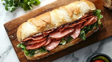 Aufkleber - Sub sandwich loaded with layers of deli meats and fresh greens on a wooden cutting board with copy space