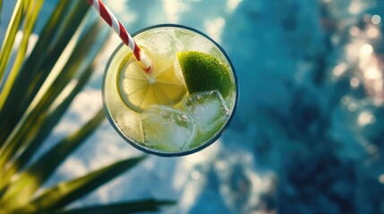 Poster - Cocktail with lime and ice in glass with striped straw on a blurred pool background with Copy Space