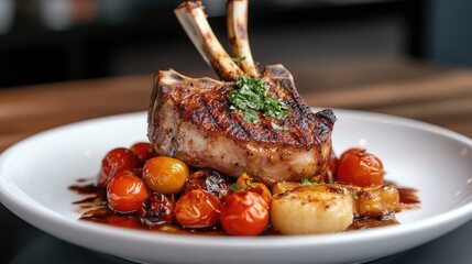 Poster - Grilled lamb chop served on a white plate with cherry tomatoes and garnished herbs Copy Space