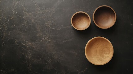 Poster - Wooden bowls arranged on dark textured surface with copy space for text above and below the bowls