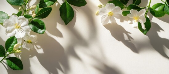 Leinwandbilder - White flowers with green leaves casting shadows on a light background with Copy Space for text placement