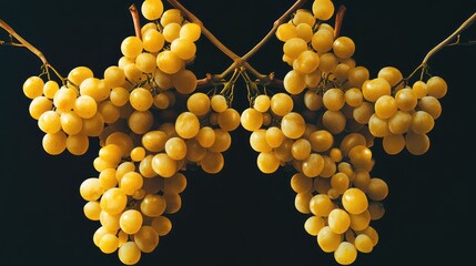 Aufkleber - Bunches of ripe yellow grapes hanging against a dark background with copy space for text