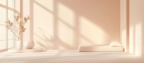 Fototapete - Minimalist interior design with soft shadows and warm pastel colors featuring a vase and a single bed with copy space