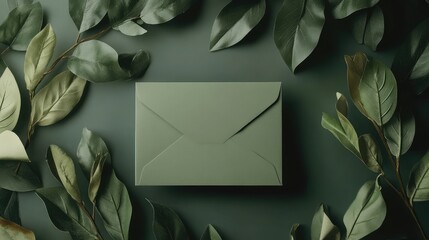 Aufkleber - Green envelope on a dark green background surrounded by various shades of green leaves and foliage Copy Space