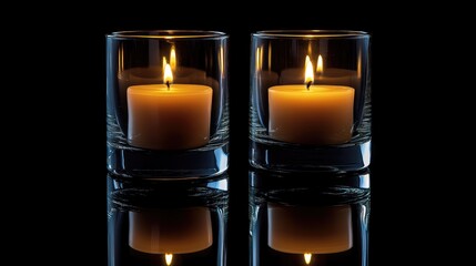 Aufkleber - Two lit candles in glass holders on a reflective surface with black background Copy Space