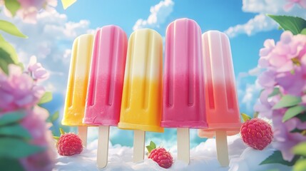 Aufkleber - Colorful ice pops arranged in a row with a blue sky and fluffy clouds background featuring raspberries and flowers Copy Space