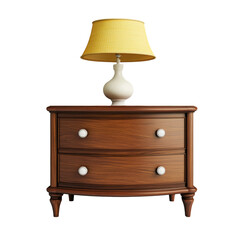 Poster - A classic wooden nightstand with two drawers and a yellow lamp sits on a white background.