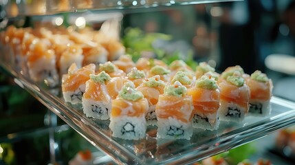 Aufkleber - Sushi rolls with salmon and wasabi on glass display in restaurant setting with Copy Space for text