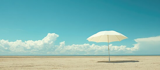 Aufkleber - Solitary white umbrella on a barren beach under clear blue sky with fluffy clouds Copy Space
