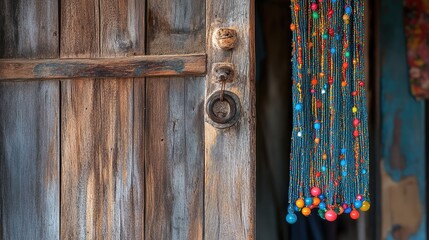 Fototapete - Colorful handmade necklaces hanging beside a rustic wooden door with natural textures and tones Copy Space