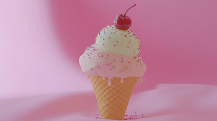 Poster - Delicious ice cream cone with cherry and sprinkles on a pink background.