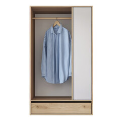 Poster - A minimalist wooden wardrobe with a blue and white striped shirt hanging on a wooden hanger.