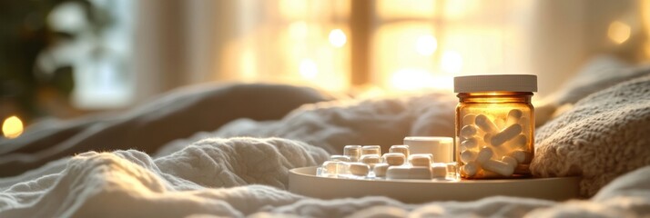 Leinwandbilder - Cozy bedroom with a person resting comfortably surrounded by medicines in soft natural light. Generative AI