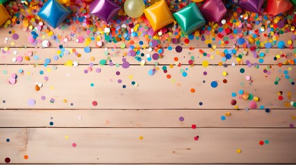 Happy Birthday Party Background with Colorful Carnival Tools and Confetti on Wooden Festive Backdrop