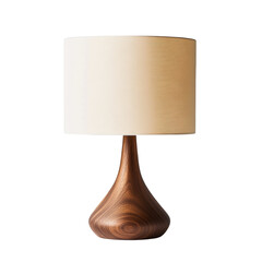 Poster - A modern table lamp featuring a walnut wood base and a cream-colored fabric shade sits on a white surface.