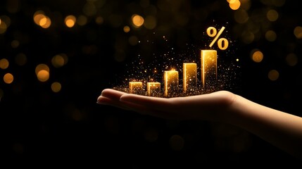 Poster - Hand holding virtual increasing graph with percentage sign for business profit, investment growth success concept, finance, and stock market