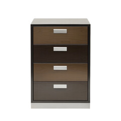 Poster - A modern four-drawer wooden chest with a sleek design and alternating dark and light brown wood.