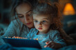 © David - Parent and child interacting with a glowing safety app on a tablet screen, clean design. Bright lighting, contrast
