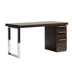Poster - A contemporary dark brown wooden desk features a sleek metal frame and three drawers for storage.