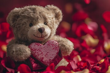 Teddy bear with heart amidst rose petals.