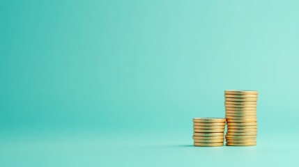 Poster - Two stacks of shiny gold coins set against a vibrant turquoise backdrop, symbolizing growing investment, increasing profits, and the accumulation of wealth