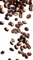 Poster - Roasted coffee beans are falling against a white background, creating a dynamic visual suitable for advertising or packaging in the coffee industry