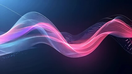 Fototapete - Video with a dynamic and energetic world of digital art with a mesmerizing display of glowing pink and blue waves formed by digital particles on a dark blue backdrop. 