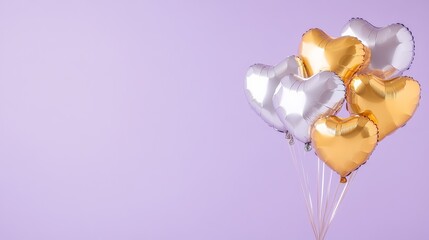 Poster - Bunch of gold and silver heart shaped balloons floating on a purple background, creating a festive and romantic atmosphere, perfect for valentine's day, anniversaries, or mother's day celebrations