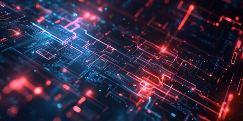 Poster - A vibrant array of blue and red circuits fills the space, showcasing a complex digital landscape with glowing lights and intricate patterns