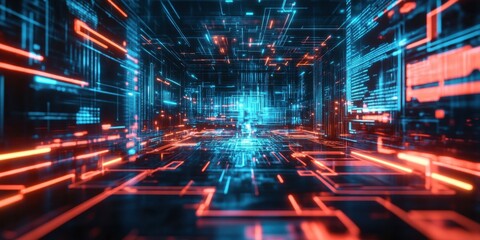 Poster - Bright blue and red lines create a dynamic digital environment, showcasing interconnected data streams and technology in a futuristic setting