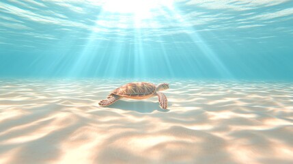 Aufkleber - Sunbeams filtering through crystal clear ocean water illuminate a serene underwater scene, where a sea turtle gracefully glides over a sandy seabed