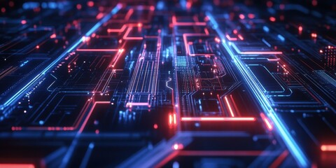 Poster - A detailed circuit board design showcasing vibrant red and blue glowing lines against a dark backdrop, creating a futuristic technological atmosphere