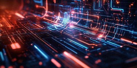 Poster - A digital circuit board glows with blue and red lights, illustrating a futuristic design. This landscape evokes a sense of advanced technology and innovation
