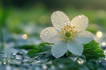 Wall Mural - Delicate White Flower Blossom Dew Drops Sunlight